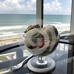 Ice cream sundae on balcony overlooking the beach.