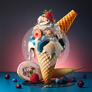 an ice cream sundae with chocolate, strawberries, and sprinkles. Generative AI