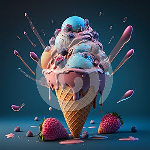 an ice cream sundae with chocolate, strawberries, and sprinkles. Generative AI