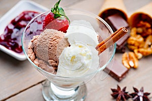 Ice cream sundae, chocolate, walnuts,jam and strawberry