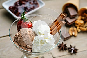 Ice cream sundae, chocolate, walnuts and jam