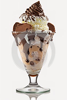 ice cream sundae scoops in glass bowl cup and wafer with chocolate sauce, Vanilla, Strawberry, Delicious cream dessert