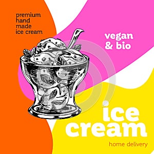 Ice cream sundae scoops in transparent bowl, retro hand drawn vector illustration.