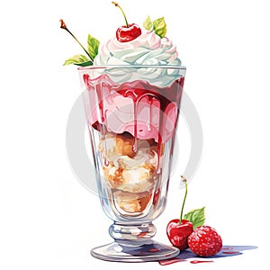 ice cream sundae in a tall glass cup, white background, watercolor illustration