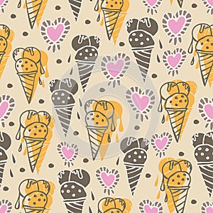 Ice Cream-Sweet Dreams seamless repeat pattern illustration.Background in yellow, pink, cream and brown