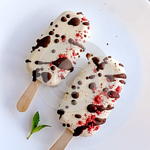 Ice cream sweet eskimo with chocolate icing. Homemade natural organic frozen vanilla dessert. Close up tasty treat