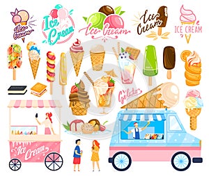 Ice cream sweet food vector illustration set, cartoon flat streetfood icecream shop truck collection of various gelato