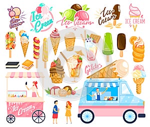 Ice cream sweet food vector illustration set, cartoon flat streetfood icecream shop truck collection of various gelato photo