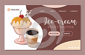 Ice cream and sweet products shop. Website design template. Poster, banner.