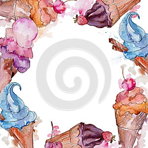 Ice cream sweet summer food. Frame border ornament square.