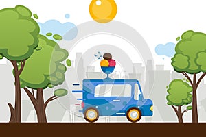 Ice cream sweets van move around town, vector illustration. On car roof figure cartoon ice cream scoops in bowl. Store