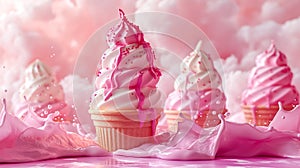 Ice cream with swirling cream, set against a backdrop of soft pink clouds and splashing milk. Creative dessert marketing