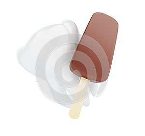 Ice cream and a tooth on a white background