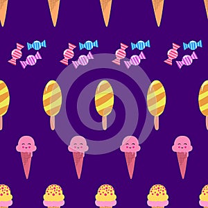 Ice cream and treats seamless pattern, purple background