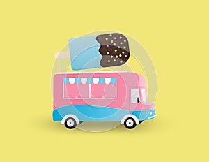 Ice cream truck isolated on yellow background. Creative vector illustration