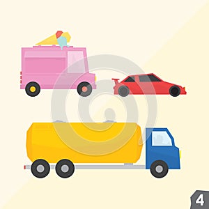 Ice cream van, sport car, gasoline truck