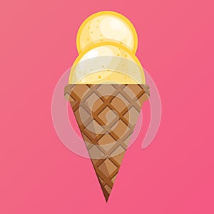 Ice cream vanilla scoops waffle cone. on pink background.