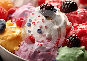 Ice cream of various flavours with candies and berries topping.Macro.AI Generative