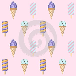 Ice cream vector seamless pattern on pink background.