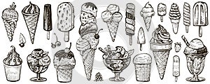 Ice cream vector sketch. Hand drawn different sweet desserts.