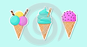 Ice cream vector sticker set on light background. Colorful cold dessert in cartoon style. Collection of sweet summer food in the