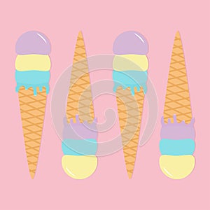 Ice cream wafer cone icon set. Pastel color. Hello summer time. Cute icecream pattern. Kawaii cartoon food. Flat design lay. Yello