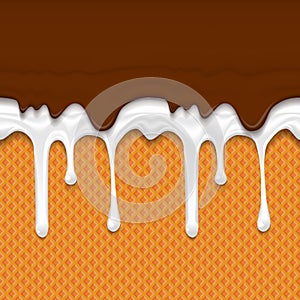 Ice Cream waffle cone background. Horizontal continuous Wafer Texture with Melted Dripping White and brown Frosting. Yummy photo