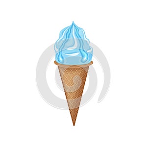 Ice cream in a waffle cone. Blue strawberry ice cream in a cone. Sweet, cold dessert. Vector illustration isolated on a