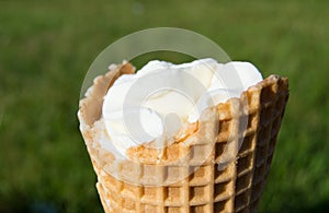 Ice cream in waffle cone on blurred grass background