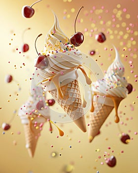 Ice cream in a waffle cone with cherries and sprinkles on a pink background