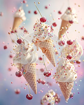 Ice cream in a waffle cone with cherries and sprinkles on a pink background