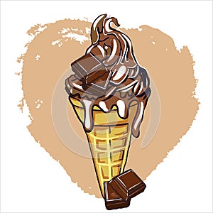 Ice cream with waffle cone and chocolate flavor. Decorate the dessert with chocolate pieces. Cartoon illustration ice cream icon