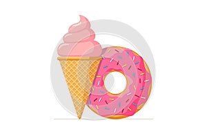 Ice cream waffle cone and donut with pink icing and sugar sprinkles. Plombir and sweet doughnut vector flat illustration