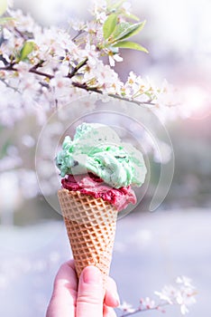 Ice cream in waffle cone  on fresh green