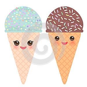 Ice cream waffle cone Kawaii funny muzzle with pink cheeks and winking eyes, pastel colors on white background. Vector illustratio