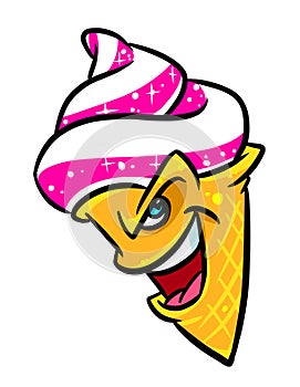 Ice cream waffle cone pink cream character product cooking cartoon illustration