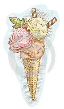 Ice cream in a waffle cone retro by hand drawn