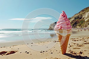 Ice cream in a waffle cone on a sandy beach with a blue sky background