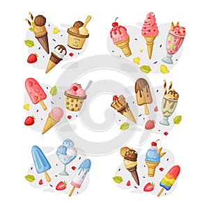 Ice Cream in Waffle Cone and on Stick as Frozen Dessert and Sweet Snack Vector Composition Set