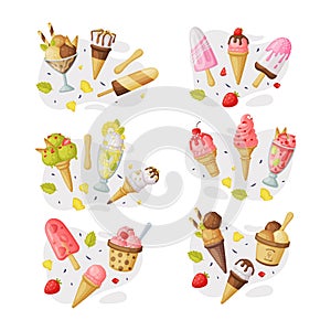 Ice Cream in Waffle Cone and on Stick as Frozen Dessert and Sweet Snack Vector Composition Set