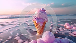 Ice cream in waffle cone. Strawberry colorful pink ice-cream in sea on beach background. Copy space. Summer holidays food.