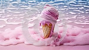 Ice cream in waffle cone. Strawberry colorful pink ice-cream in sea on beach background. Copy space. Summer holidays food.