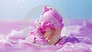 Ice cream in waffle cone. Strawberry colorful pink ice-cream in sea on beach background. Copy space. Summer holidays food.