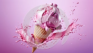 Ice cream in waffle cone. Strawberry colorful pink ice-cream isolated on violette background. Copy space. Summer holidays food. photo