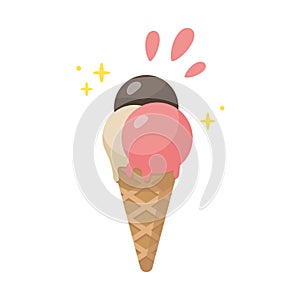 Ice cream in a waffle cone vector illustration. Strawberry, chocolate, vanilla Ice cream isolated on white background.