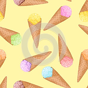 Ice cream in a waffle cone on a yellow background seamless pattern.