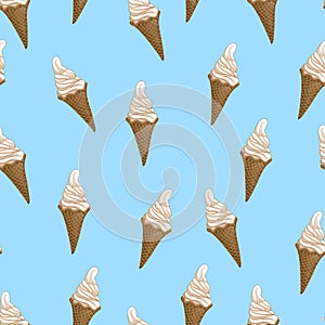 Ice cream waffle cones seamless pattern. Stylized vector illustration.