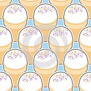 Ice cream in waffle cup pattern seamless. Sweets background. Ornament of kids fabric