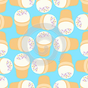 Ice cream in waffle cup pattern seamless. Sweets background. Ornament of kids fabric