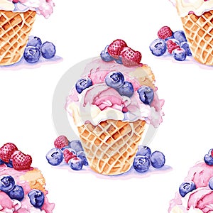Ice cream in waffle cup with strawberries and blueberries vector seamless pattern
